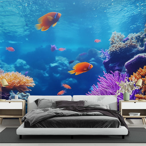 Papier peint récif corallien avec coraux et poissons colorés pour chambre moderne