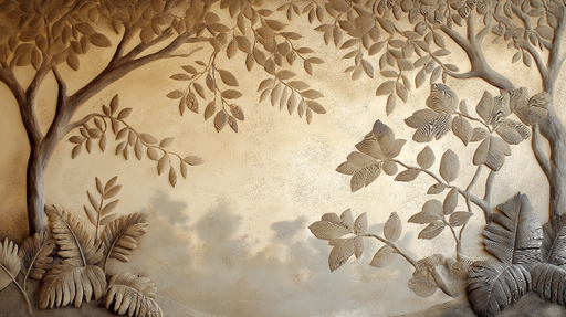 Papier peint relief botanique Motifs de feuilles en relief sur fond doré