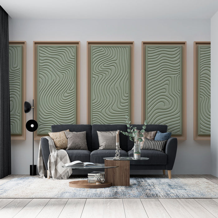 Un salon moderne avec un papier peint texturé vert doux aux motifs ondulés, créant une ambiance apaisante et élégante.