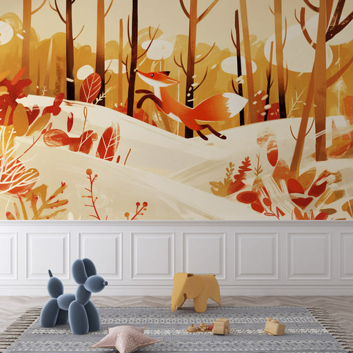 Une chambre d'enfant avec un papier peint illustrant un renard dynamique dans une forêt automnale aux teintes chaudes d'orange et de jaune, créant une atmosphère ludique et chaleureuse.