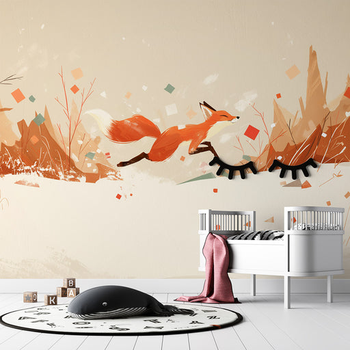 Une chambre d'enfant avec un papier peint illustrant un renard orange en mouvement, entouré de formes géométriques colorées, créant une atmosphère ludique et chaleureuse.