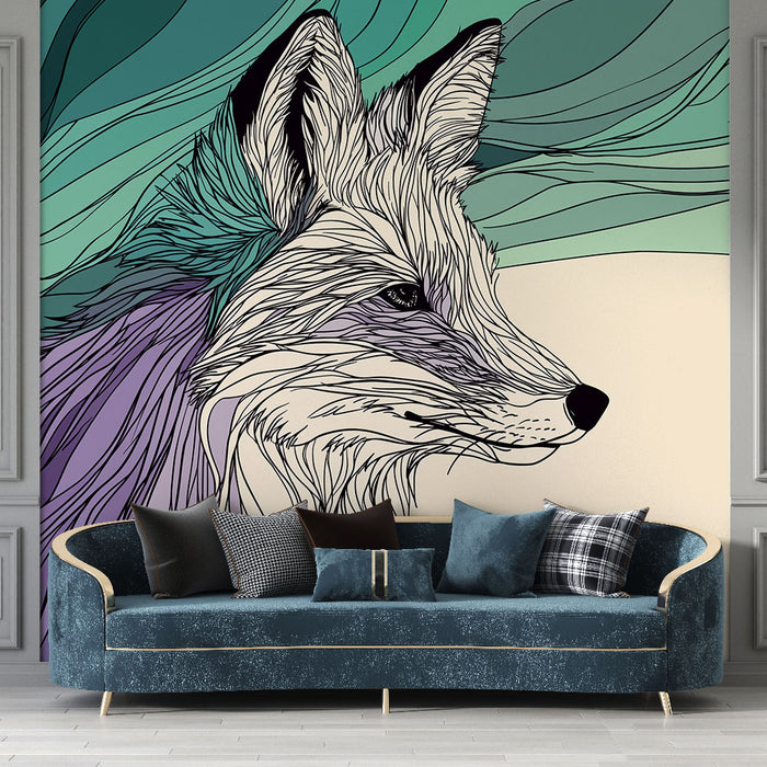 Un salon moderne avec un papier peint représentant un renard stylisé aux lignes graphiques sur fond dégradé de vert et violet, créant une ambiance artistique et dynamique.