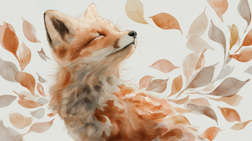 Papier peint renard artistique Un renard paisible entouré de feuilles aux teintes douces