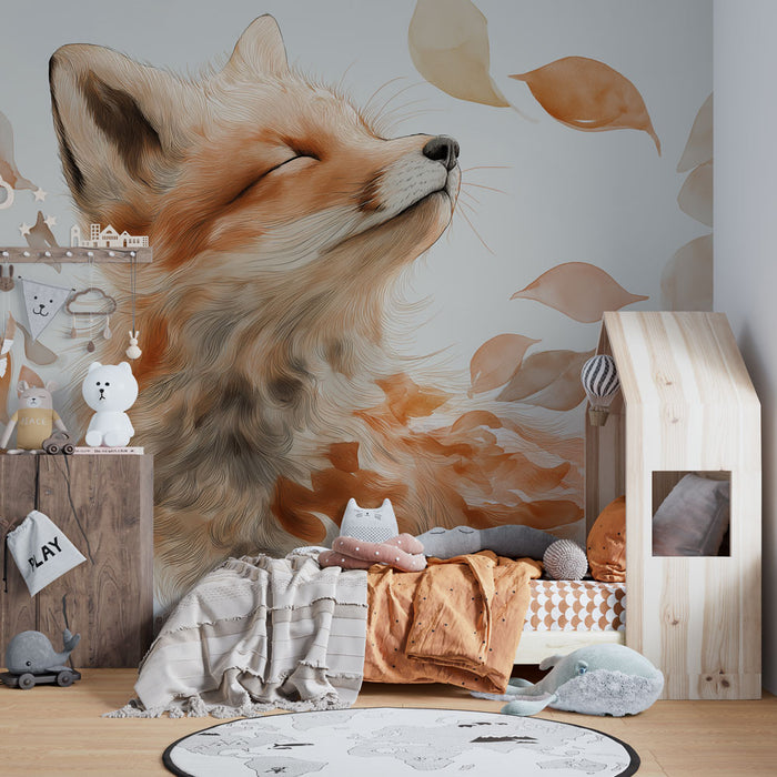 Une chambre d'enfant avec un papier peint représentant un renard aux teintes douces et chaudes, créant une atmosphère apaisante et rêveuse.