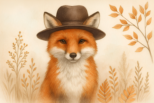 Papier peint renard élégant Renard portant un chapeau avec des feuillages automnaux