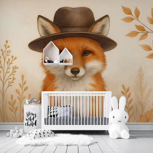 Une chambre d'enfant avec un papier peint illustrant un renard souriant portant un chapeau, entouré de motifs floraux doux dans des teintes chaudes et apaisantes.