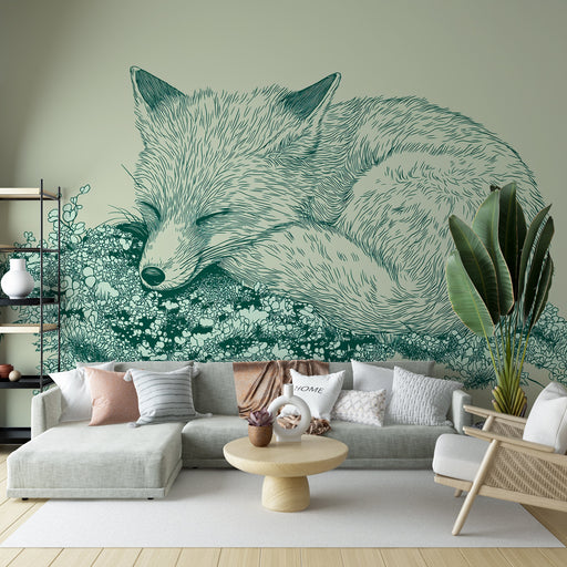 Un salon moderne avec un papier peint illustrant un renard endormi entouré de fleurs, dégageant une ambiance douce et apaisante.