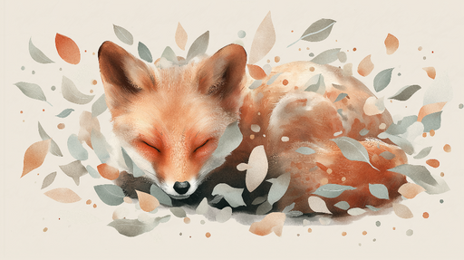 Papier peint renard endormi Illustration douce d'un renard entouré de feuilles colorées