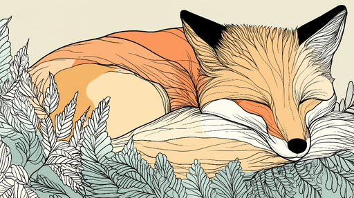 Papier peint renard endormi Illustrations de renard paisible entouré de feuillage délicat