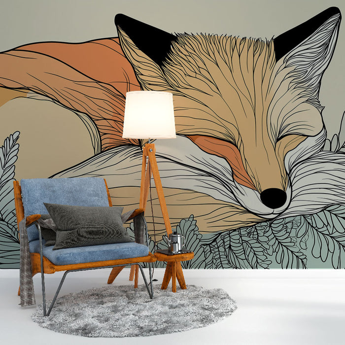 Une pièce de vie accueillante avec un papier peint illustrant un renard stylisé aux teintes douces, créant une atmosphère chaleureuse et apaisante.
