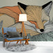Une pièce de vie accueillante avec un papier peint illustrant un renard stylisé aux teintes douces, créant une atmosphère chaleureuse et apaisante.