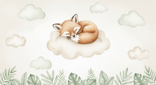 Papier peint renard endormi Un adorable renard sur un nuage entouré de feuilles tropicales