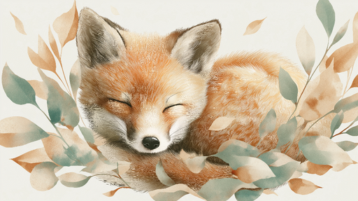 Papier peint renard endormi Un doux renard couché entouré de feuillage apaisant