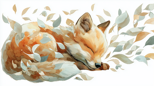 Papier peint renard endormi Un renard paisible entouré de feuilles délicates