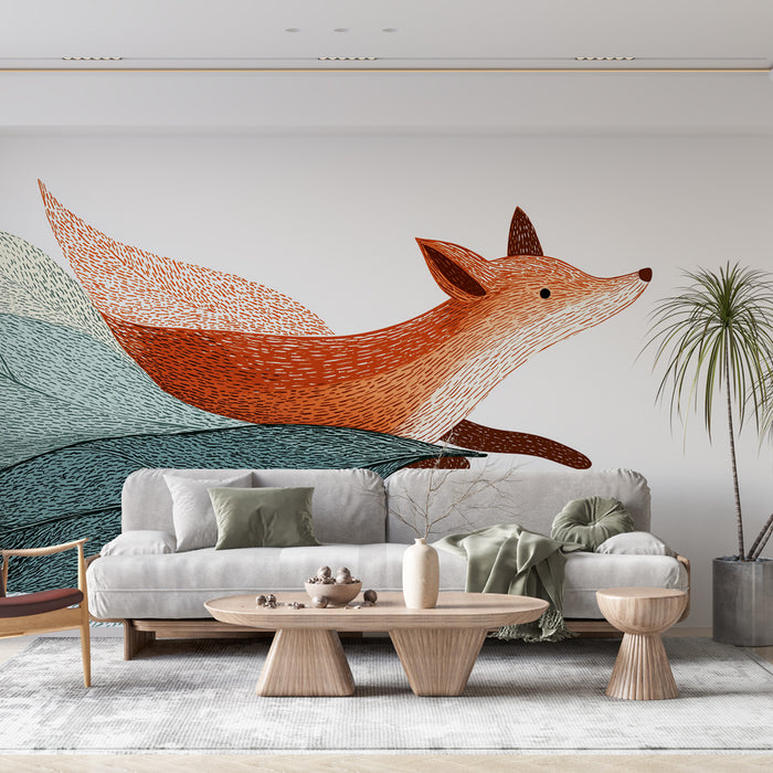 Un salon contemporain avec un papier peint illustrant un renard stylisé aux teintes chaudes sur un fond de vagues douces, créant une atmosphère ludique et accueillante.