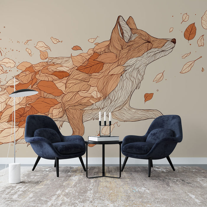 Une salle de séjour moderne avec un papier peint illustrant un renard stylisé en mouvement, entouré de feuilles aux teintes chaudes, créant une ambiance dynamique et naturelle.