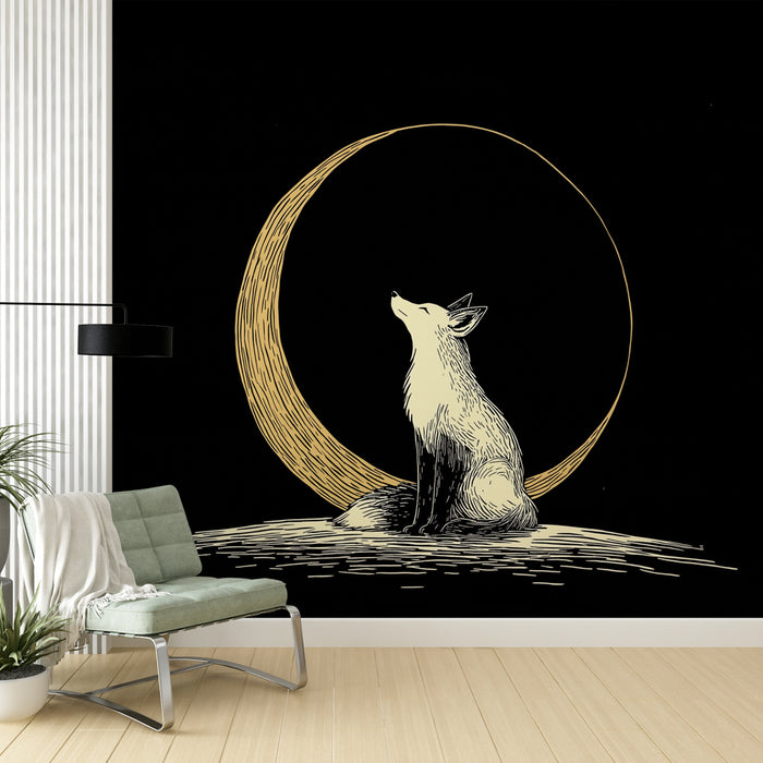 Une pièce moderne avec un papier peint représentant un renard stylisé en noir et or, créant une atmosphère mystique et apaisante.