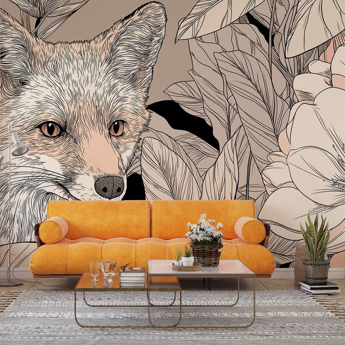 Un salon moderne avec un papier peint illustrant un renard stylisé entouré de grandes feuilles et de fleurs, créant une ambiance artistique et chaleureuse.