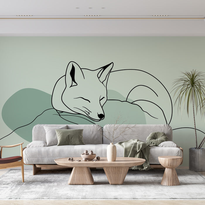 Une pièce moderne avec un papier peint minimaliste représentant un renard endormi en ligne noire sur un fond vert doux, créant une atmosphère apaisante et artistique.