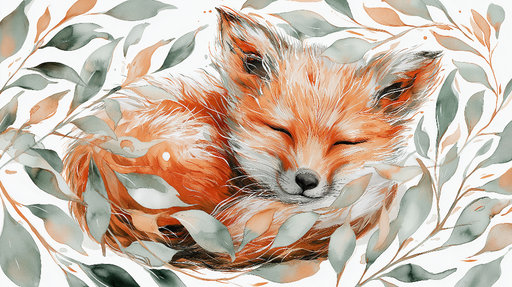 Papier peint renard peint Un renard endormi entouré de délicates feuilles