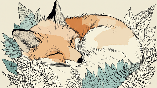 Papier peint renard Renard endormi entouré de feuillages délicats