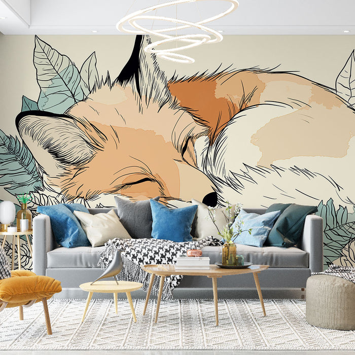 Un salon moderne avec un papier peint illustrant un renard endormi entouré de feuillages, créant une atmosphère douce et apaisante.