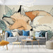 Un salon moderne avec un papier peint illustrant un renard endormi entouré de feuillages, créant une atmosphère douce et apaisante.