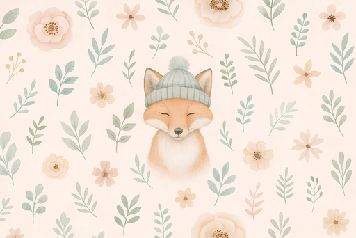 Papier peint renard Renard mignon avec bonnet sur un fond floral doux