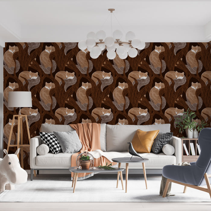 Un salon moderne avec un papier peint illustrant des renards stylisés sur un fond brun, créant une ambiance chaleureuse et accueillante.