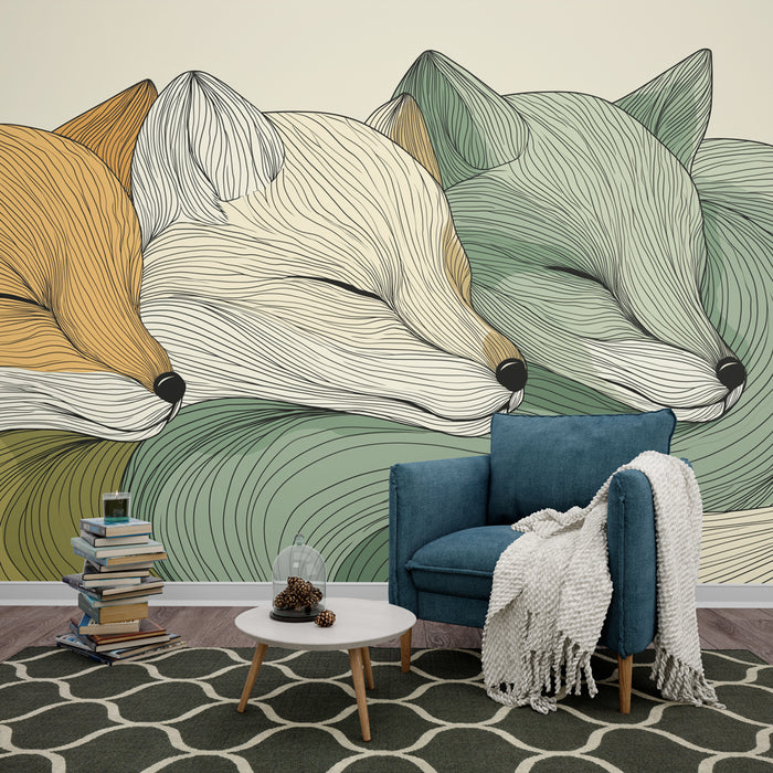 Une pièce conviviale avec un papier peint illustrant des renards stylisés aux teintes chaudes et froides, créant une atmosphère douce et apaisante.