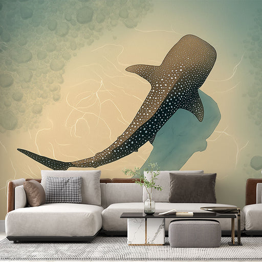 Un salon contemporain avec un papier peint illustrant un requin majestueux sur un fond dégradé de couleurs douces, créant une ambiance apaisante et marine.