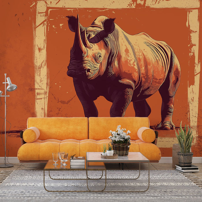 Papier peint rhinocéros | Illustration artistique d'un rhinocéros sur fond orange éclatant