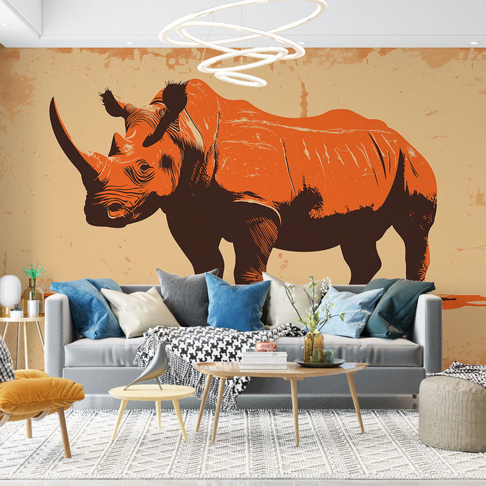 Papier peint rhinocéros | Illustration stylisée d'un rhinocéros orange sur fond beige