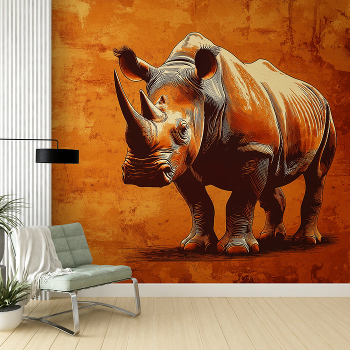 Papier peint rhinocéros | Illustration stylisée d'un rhinocéros sur fond orangé