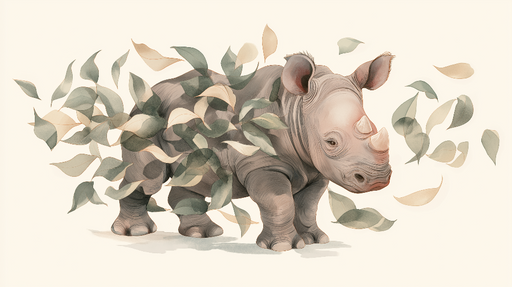 Papier peint rhinocéros Un jeune rhinocéros entouré de feuilles délicates