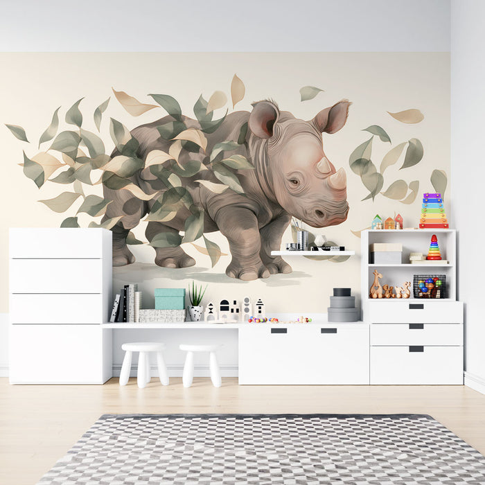 Une chambre d'enfant avec un papier peint illustrant un rhinocéros stylisé aux teintes douces, entouré de feuilles, créant une ambiance ludique et apaisante.