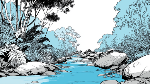 Papier peint rivière tropicale Illustration minimaliste d'une rivière bordée de végétation stylisée