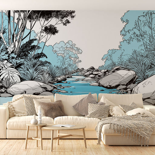 Un salon lumineux avec un papier peint représentant un paysage aquatique stylisé en noir et bleu, évoquant une atmosphère apaisante et naturelle.