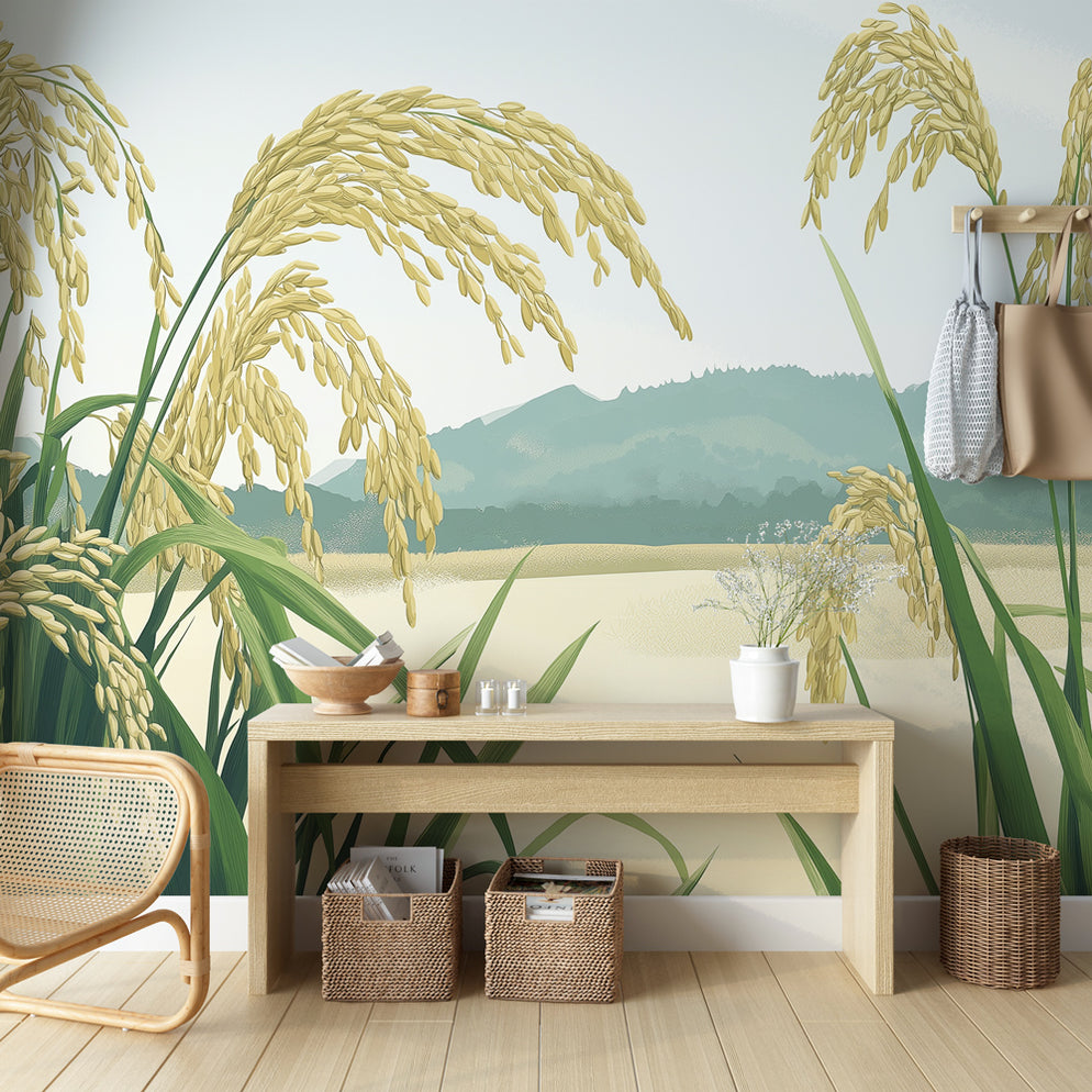 LePapierPeint Papier peint riz | Épis de riz doré et paysage apaisant