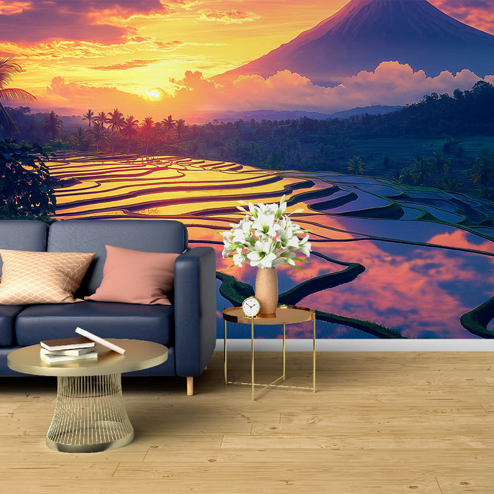 Papier peint coucher de soleil vibrant sur rizières en terrasses pour salon moderne