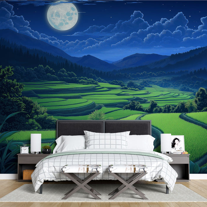 Papier peint paysage de rizières nocturnes avec pleine lune pour chambre à coucher élégante