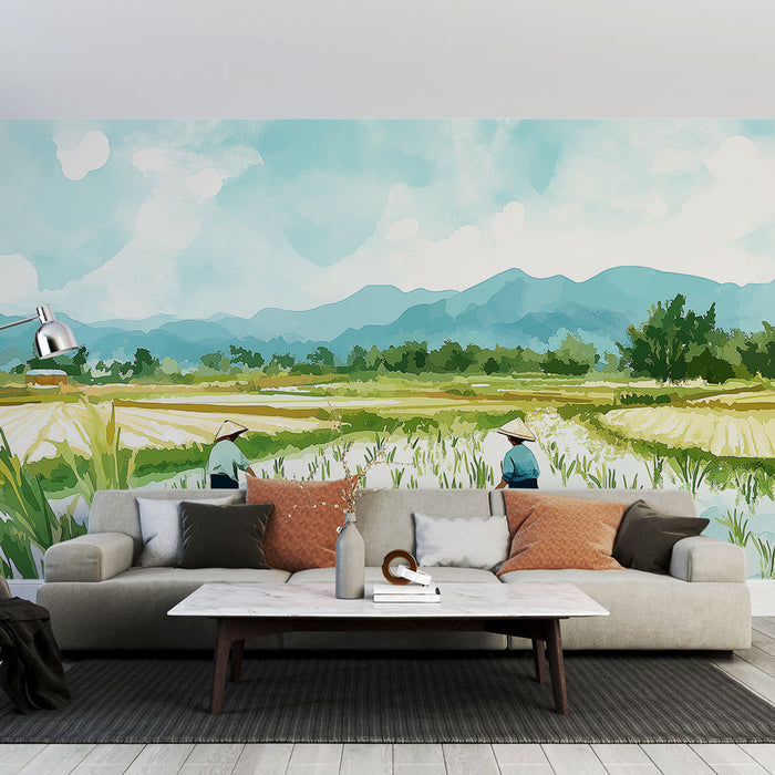 Papier peint paysage rizieres avec montagnes en arrière-plan pour salon moderne