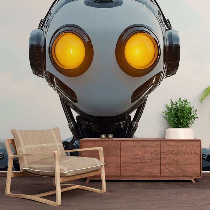 Papier peint design robot élégant avec yeux lumineux orange pour salon moderne