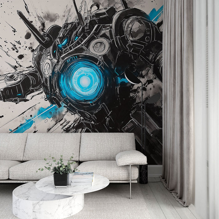 Un salon contemporain avec un papier peint graphique représentant un robot futuriste aux teintes noires et bleues, créant une ambiance dynamique et énergique.