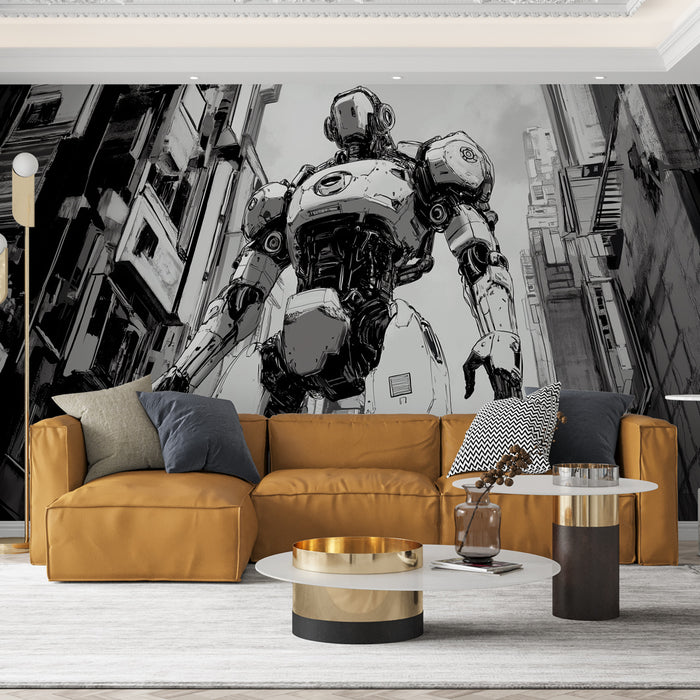 Un salon contemporain avec un papier peint représentant un robot futuriste en noir et blanc, créant une ambiance à la fois dynamique et artistique.