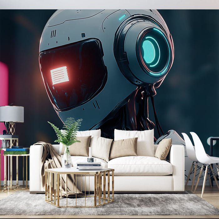 Papier peint futuriste avec robot intelligent et design épuré, idéal pour salon moderne avec lumières LED.