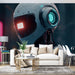 Papier peint futuriste avec robot intelligent et design épuré, idéal pour salon moderne avec lumières LED.