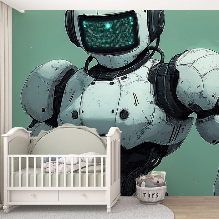 Papier peint robot blanc avec détails sci-fi et écran numérique pour chambre d'enfant moderne