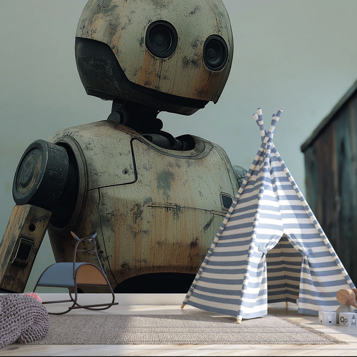 Papier peint vintage avec robot au design usé et rétro pour chambre d'enfant moderne