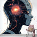 Papier peint futuriste avec profil d'un humanoïde et circuits lumineux pour bureau moderne